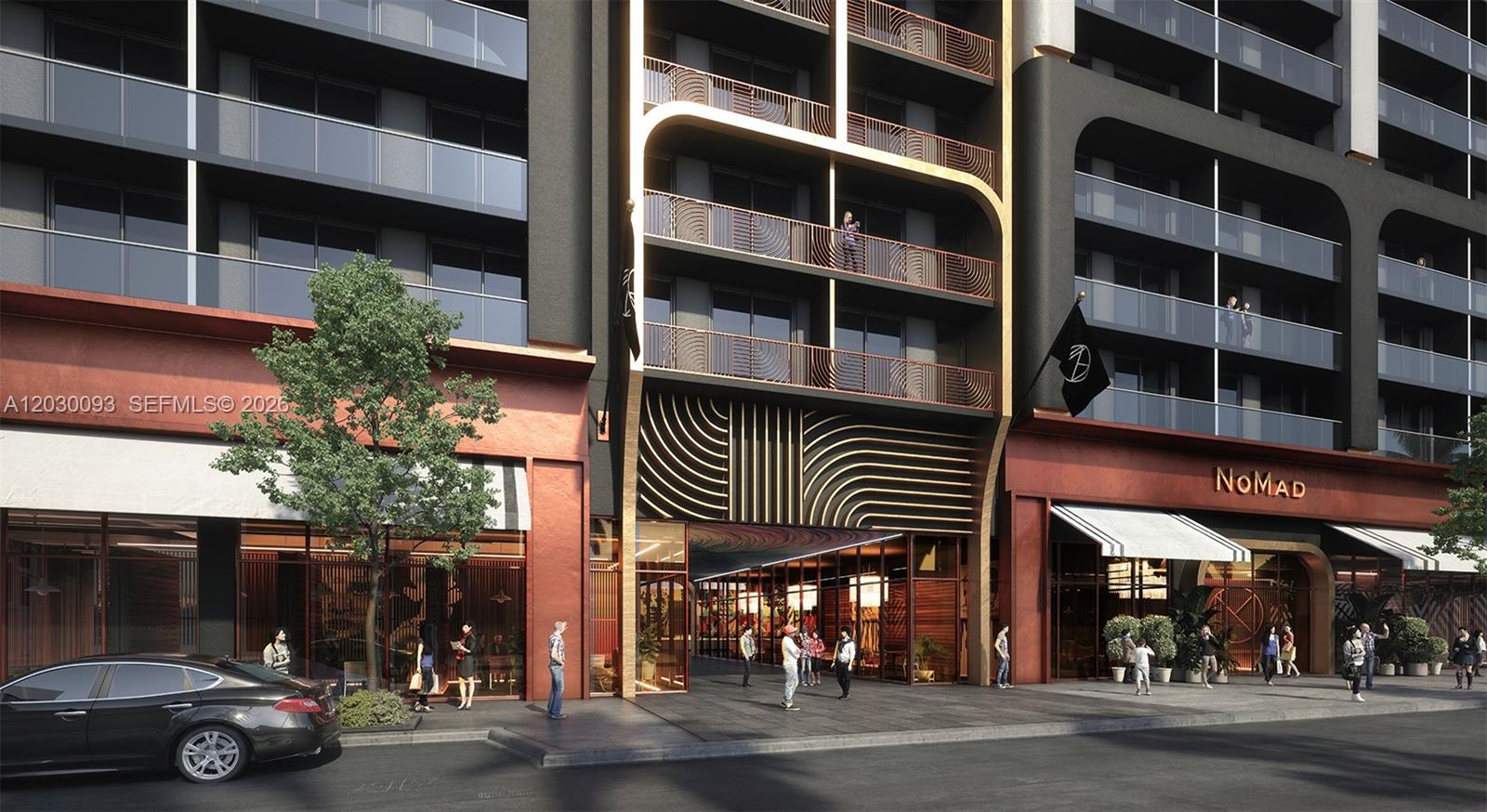 This architectural rendering shows the street-level exterior of a modern building with retail storefronts — 2700 NW 2ND AVE # 342, Miami FL 33127, MIAMI, FL