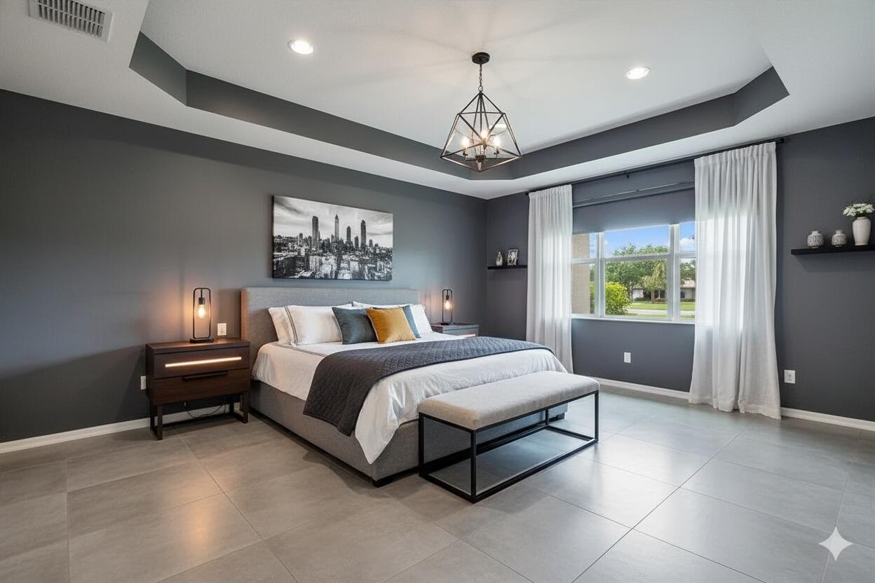 A bedroom with gray walls, a tray ceiling, a bed, and large floor tiles — 8839 Via Avellino, Lake Worth FL 33467, LAKE WORTH, FL