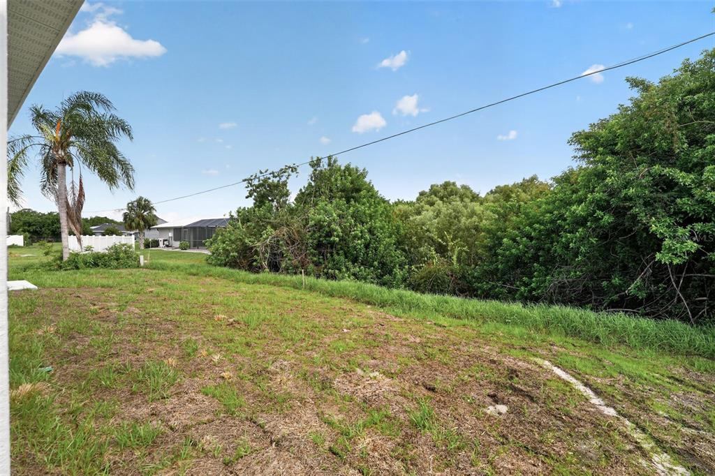 A grassy backyard with a palm tree, dense foliage, and a neighboring house in the distance — 22568 ALCORN AVENUE, PORT CHARLOTTE, FL
