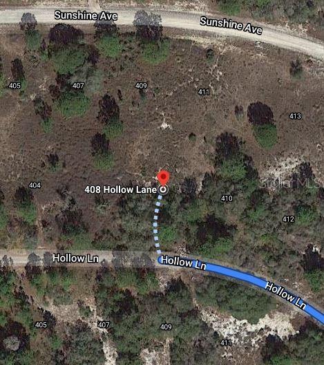This is a satellite map view showing a vacant lot with street labels and property numbers — 408 HOLLOW LANE, LAKE PLACID, FL