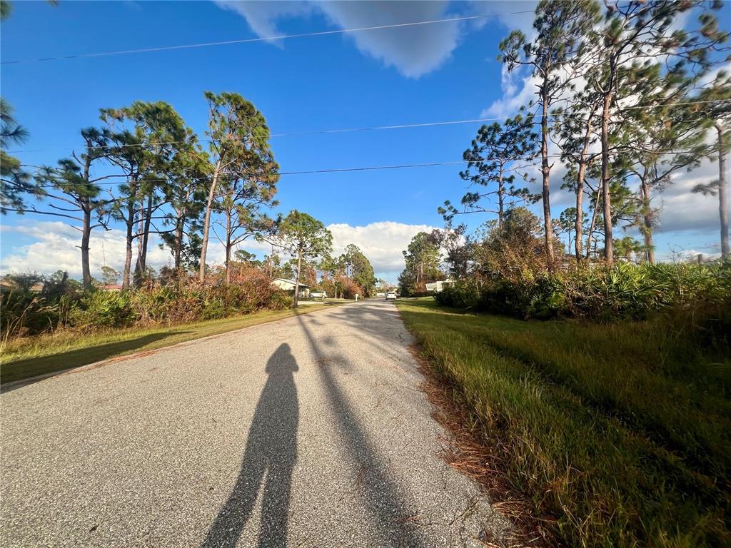 A paved road stretches through a wooded residential area under a blue sky — 13041 FELDMAN AVENUE, PORT CHARLOTTE, FL