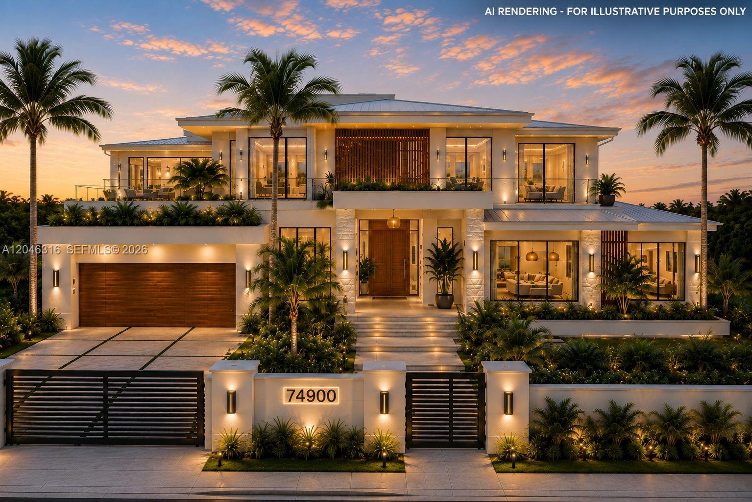 An AI rendering of a modern two-story luxury home with a gated entrance at dusk — 74900 Overseas Hwy, Islamorada FL 33036, ISLAMORADA, FL