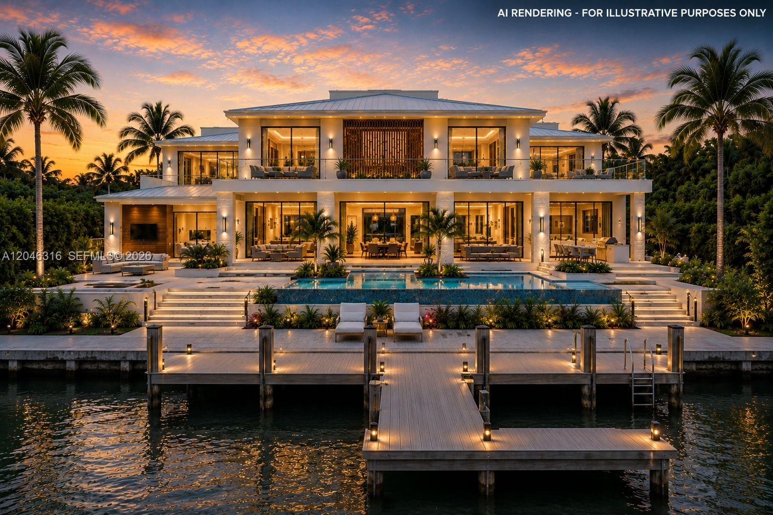 This AI rendering shows a modern two-story waterfront mansion with a pool and private dock — 74900 Overseas Hwy, Islamorada FL 33036, ISLAMORADA, FL