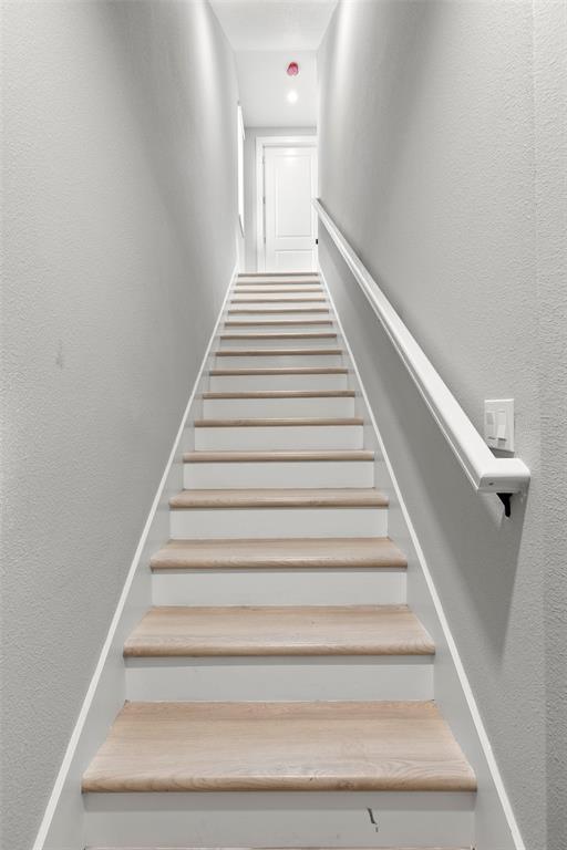 A straight staircase with light wood treads and white risers leads to a closed door — 4333 SALTWATER PEARL WAY, CORTEZ, FL