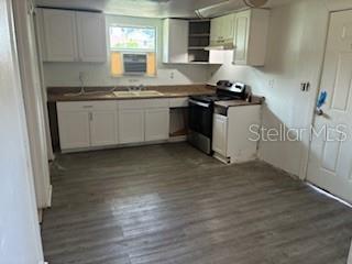 A kitchen with white cabinets, light wood-look flooring, a double sink, and a black stove — 2405 E 17TH AVENUE, TAMPA, FL