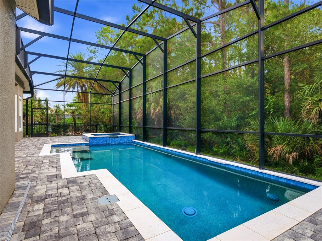 A screened-in swimming pool and spa with a paver patio surrounded by lush green trees — 477 LUNA BELLA LANE, NEW SMYRNA BEACH, FL