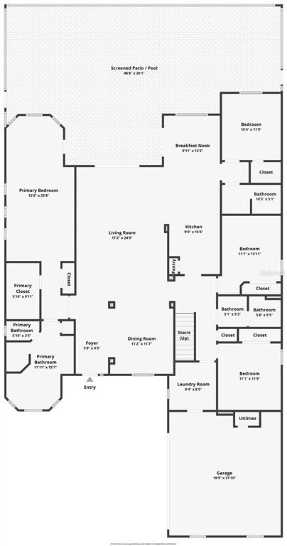 This is a floor plan showing a single-story house layout with a garage and pool patio — 477 LUNA BELLA LANE, NEW SMYRNA BEACH, FL