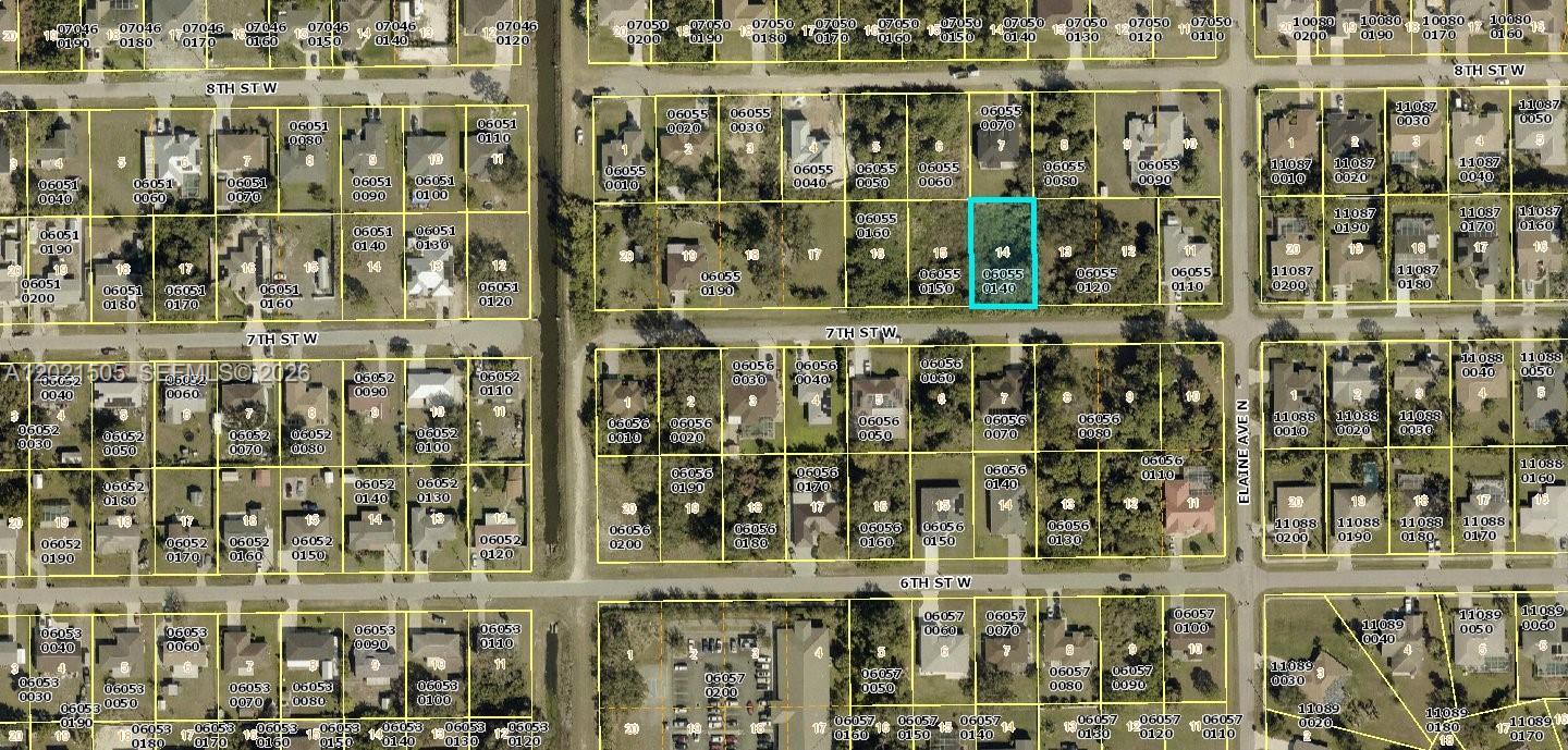This is a satellite map showing residential lots and street layouts in a neighborhood — 2706 7th St West, Lehigh Acres FL 33971, LEHIGH ACRES, FL