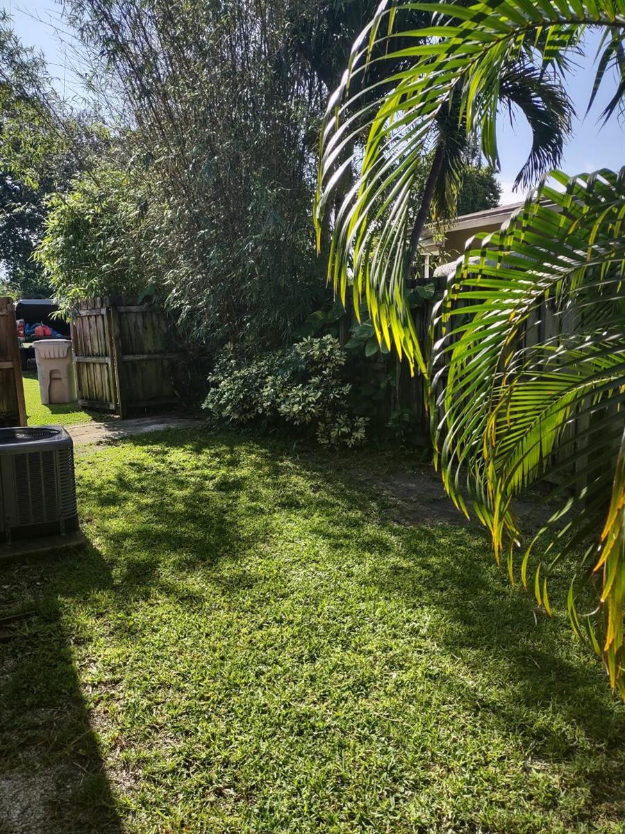 A grassy backyard features a palm tree, a wooden fence, and an air conditioning unit — 231 NE 24th Avenue # 1, Pompano Beach FL 33064, POMPANO BEACH, FL