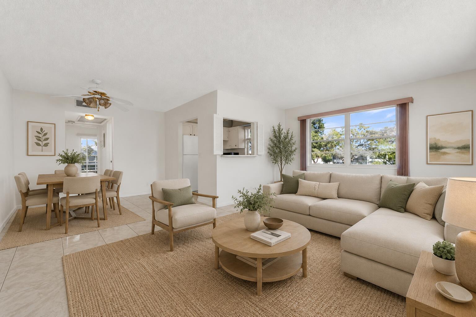 A bright living and dining area features neutral furniture, a round coffee table, and tile flooring — 176 Westbury J # 176, Deerfield Beach FL 33442, DEERFIELD BEACH, FL