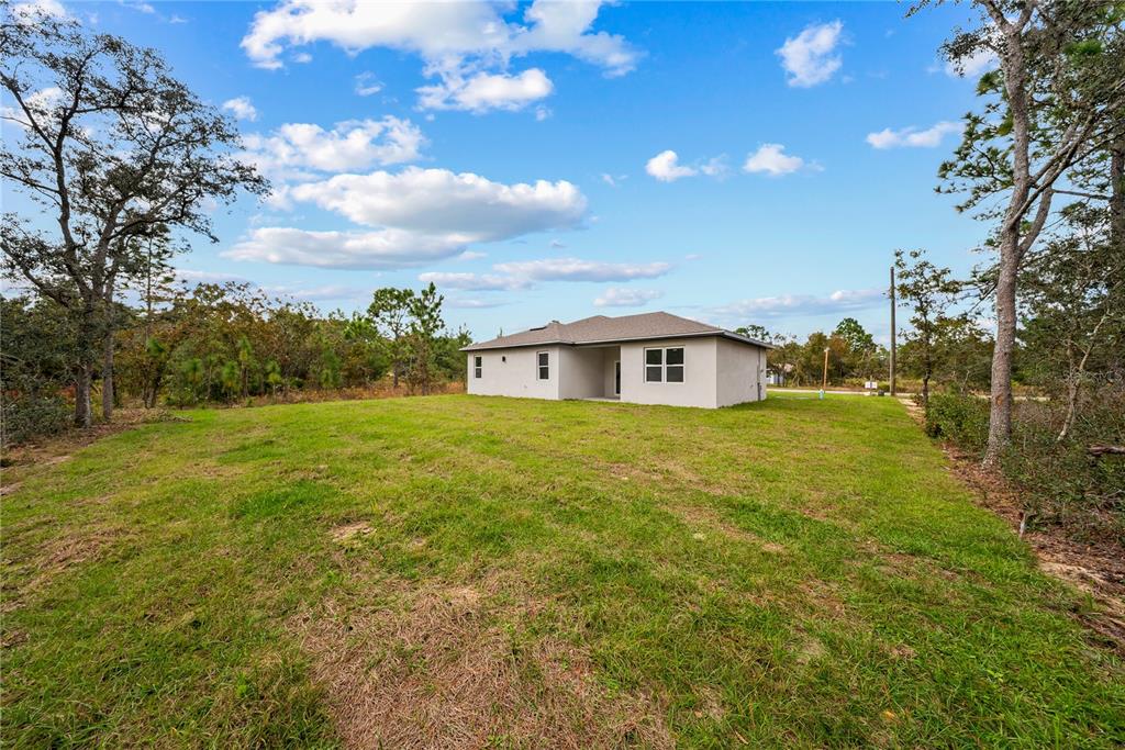 The rear exterior of a single-story house sits on a large, grassy lot — 3416 W EUNICE DRIVE, DUNNELLON, FL