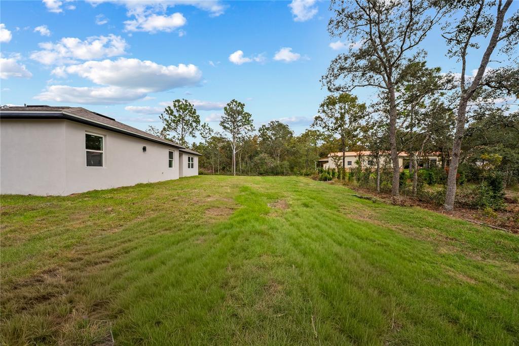 A grassy backyard extends from the side of a light-colored house toward wooded trees — 3416 W EUNICE DRIVE, DUNNELLON, FL