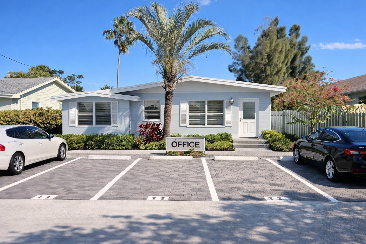 A light blue single-story office building features a palm tree and three paved parking spaces — 621 NE 3rd Avenue, Delray Beach FL 33444, DELRAY BEACH, FL