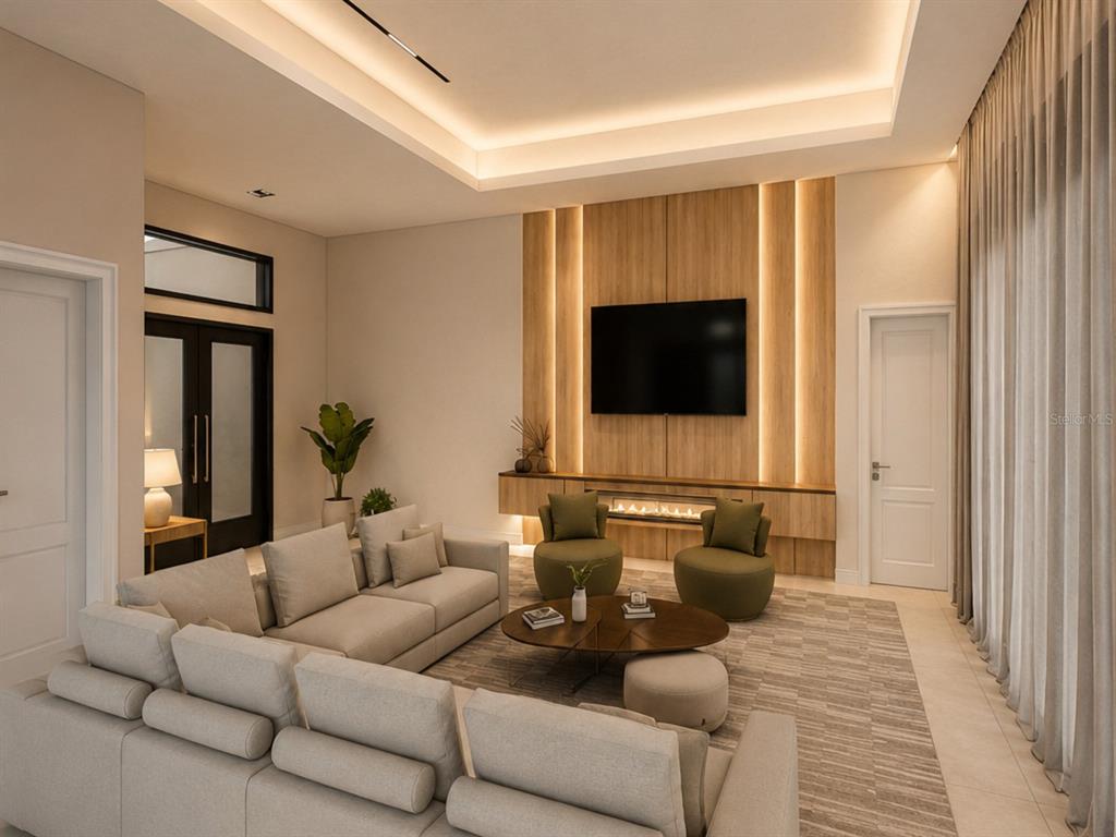 This is a rendering of a modern living room featuring a wall-mounted television and fireplace — 15340 RED HEAD AVENUE, PORT CHARLOTTE, FL