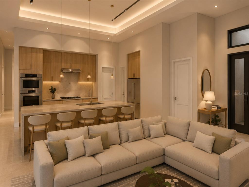 This is a rendering of a modern open-concept kitchen and living area with neutral tones — 15340 RED HEAD AVENUE, PORT CHARLOTTE, FL