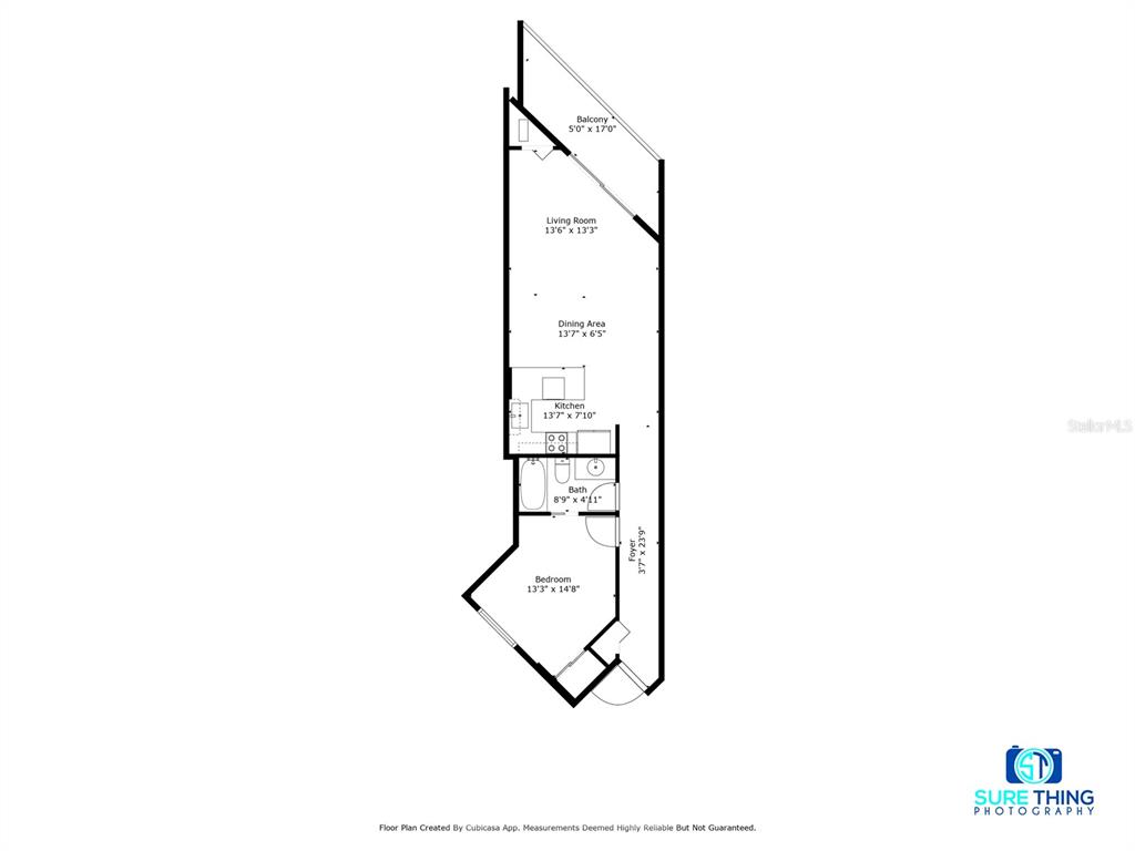This is a floor plan of a one-bedroom apartment with a balcony and a foyer — 3647 S ATLANTIC AVENUE UNIT 5B, DAYTONA BEACH, FL