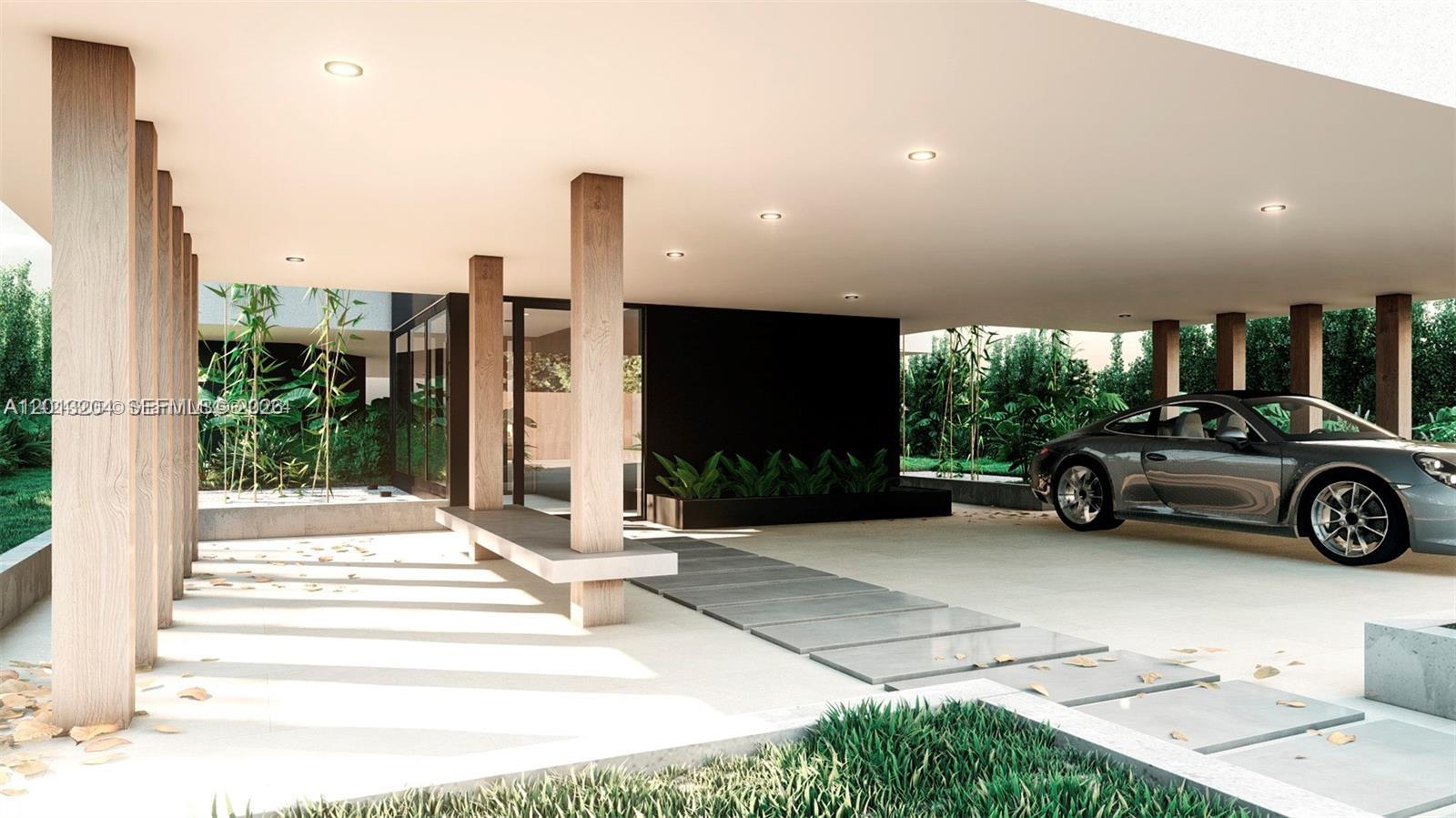 This rendering shows a modern covered carport with wooden columns and a parked sports car — 7590 Bayside Ln, Miami Beach FL 33141, MIAMI BEACH, FL