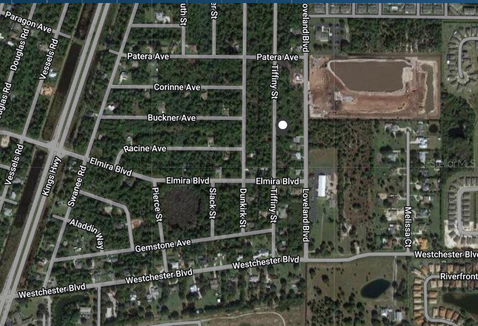 This is a map showing a residential street grid with a white dot indicating location — 3414 TIFFINY STREET, PORT CHARLOTTE, FL