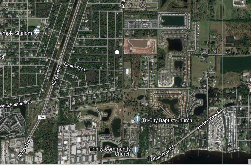 This is an aerial map view showing residential streets, undeveloped land, and local landmarks — 3414 TIFFINY STREET, PORT CHARLOTTE, FL