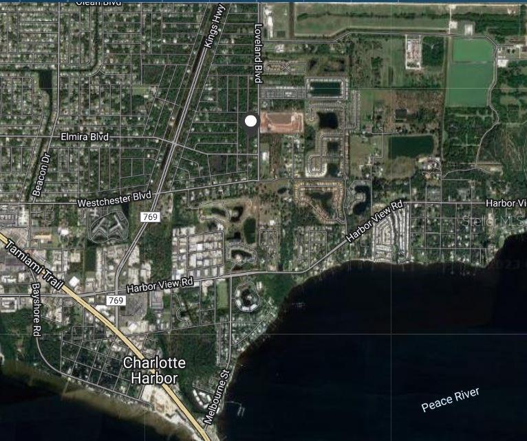 This is a satellite map showing a residential area near Charlotte Harbor and Peace River — 3414 TIFFINY STREET, PORT CHARLOTTE, FL