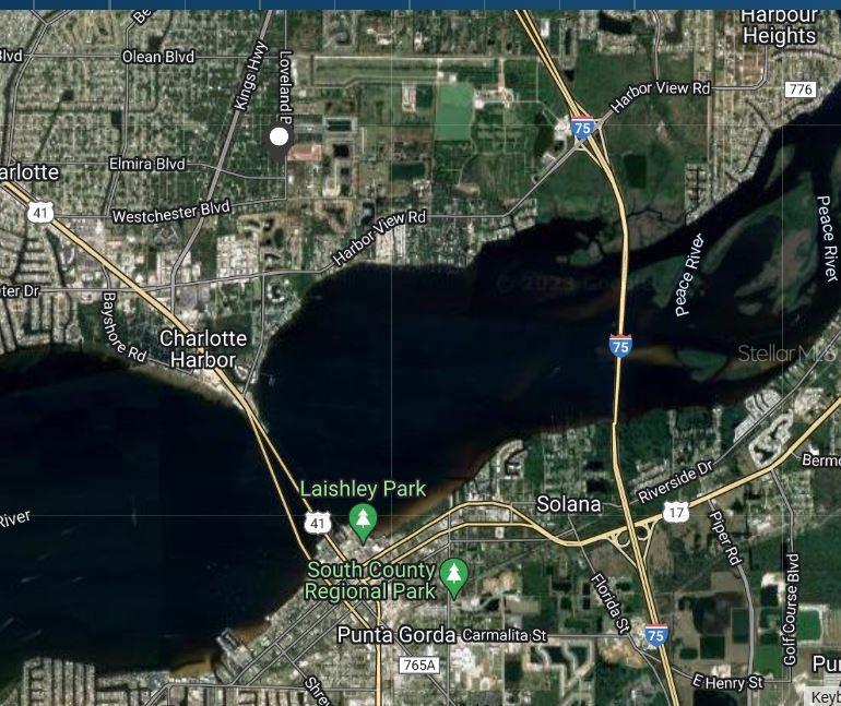 This is a satellite map showing the area surrounding Charlotte Harbor and Punta Gorda, Florida — 3414 TIFFINY STREET, PORT CHARLOTTE, FL