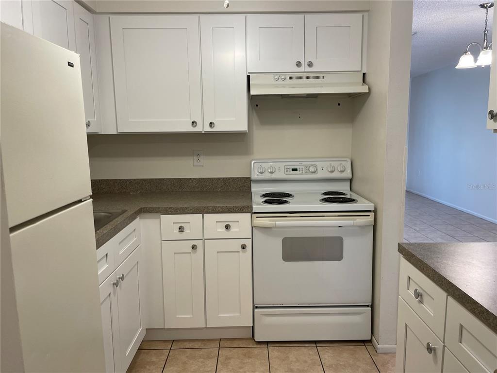 A kitchen features white cabinets, a white electric range, and a dark countertop — 3952 ELVIRA COURT, NEW PORT RICHEY, FL