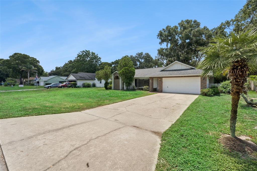 A single-story house with a white garage door and a concrete driveway sits on grass — 4160 WOOD DRIVE, MOUNT DORA, FL