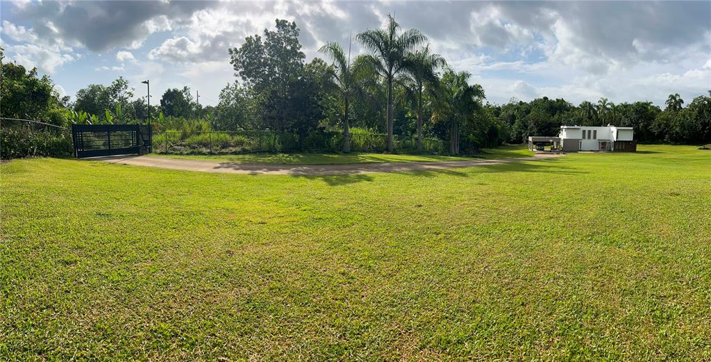 A wide, grassy lawn leads toward a modern house and a gated entrance with palm trees — st.453 km5.5 BO PILETAS, LARES, PR