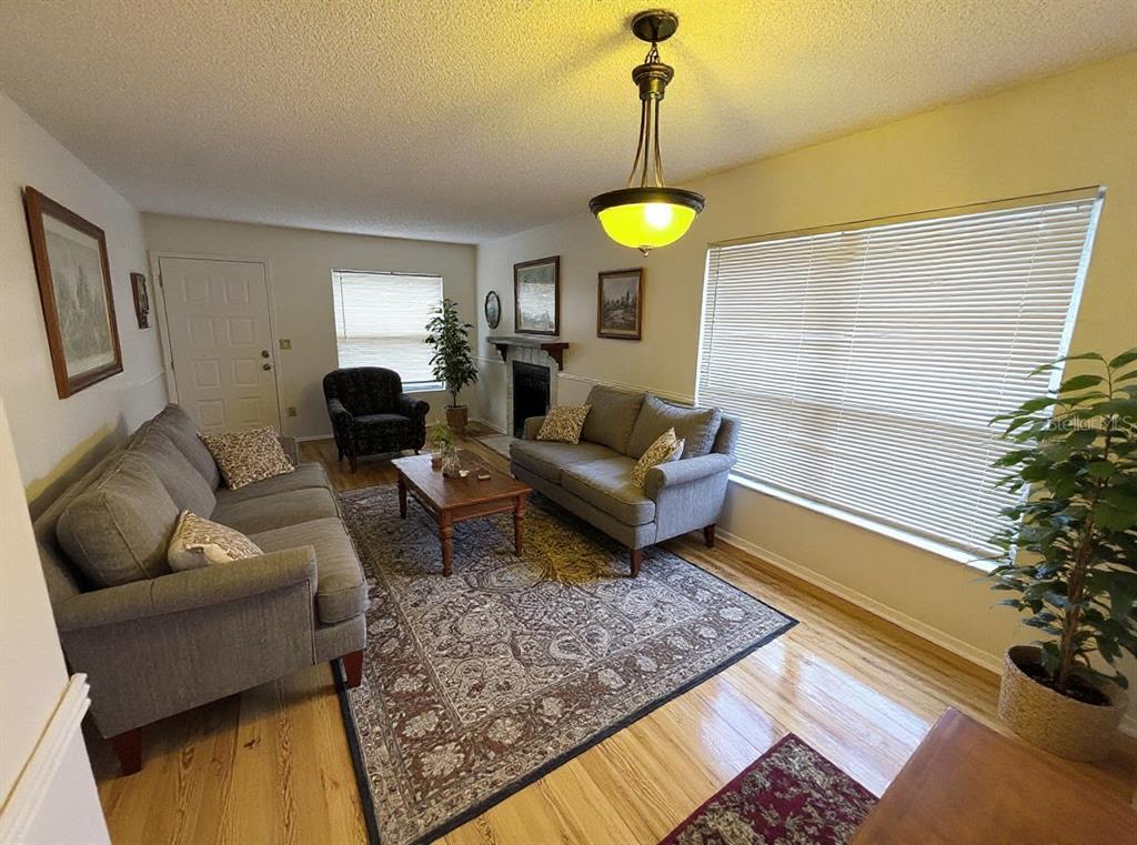 A living room features two gray sofas, a coffee table, and a fireplace on hardwood floors — 4034 DREAM OAK PLACE UNIT 104, TAMPA, FL