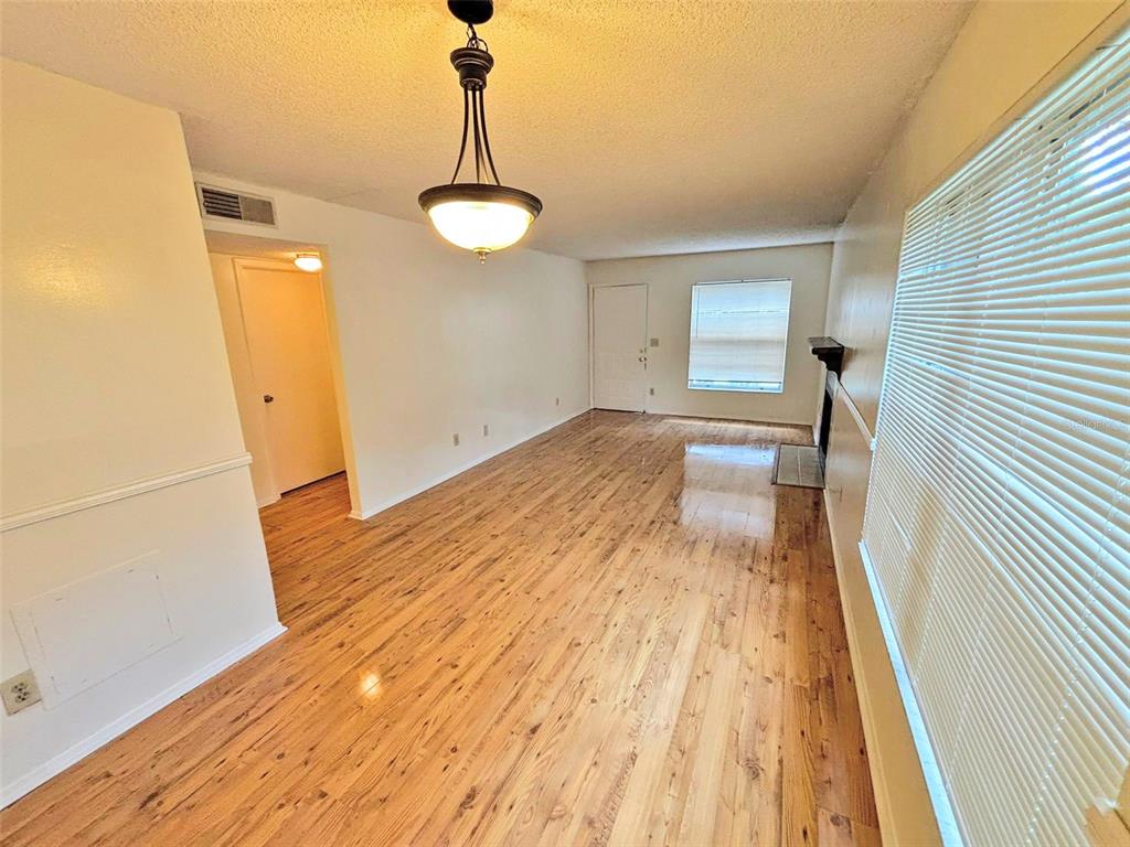 An empty living room features hardwood floors, a ceiling light fixture, and a fireplace — 4034 DREAM OAK PLACE UNIT 104, TAMPA, FL