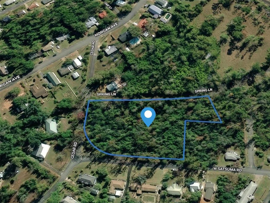 This is an aerial map showing a vacant, wooded lot outlined in blue — SATSUMA RD, CHATTAHOOCHEE, FL