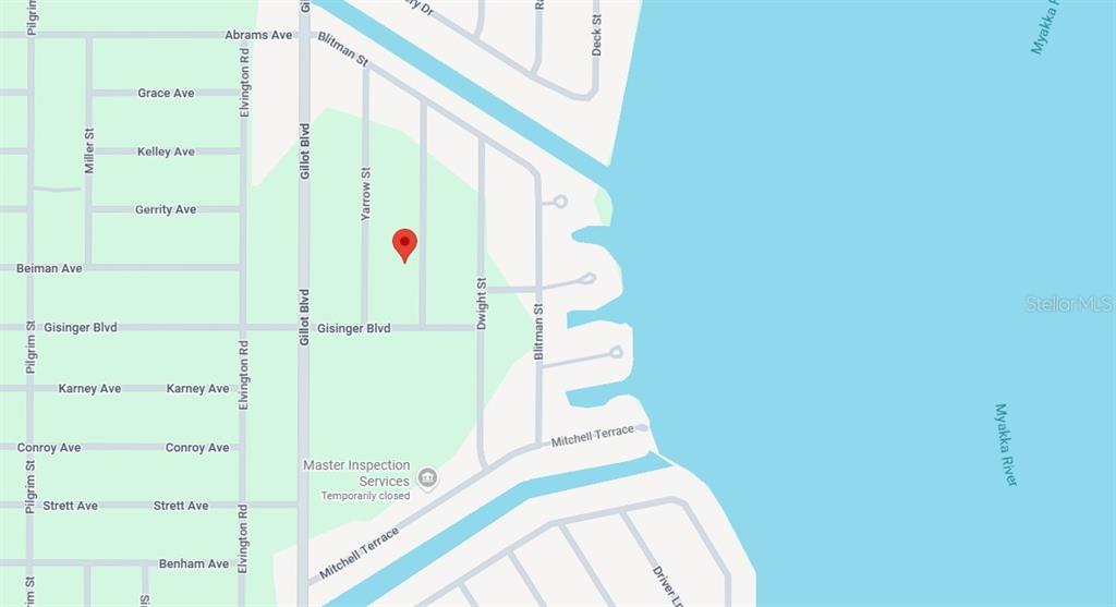 This is a map showing streets and a red location marker near the Myakka River — 3501 LINDGREN STREET, PORT CHARLOTTE, FL