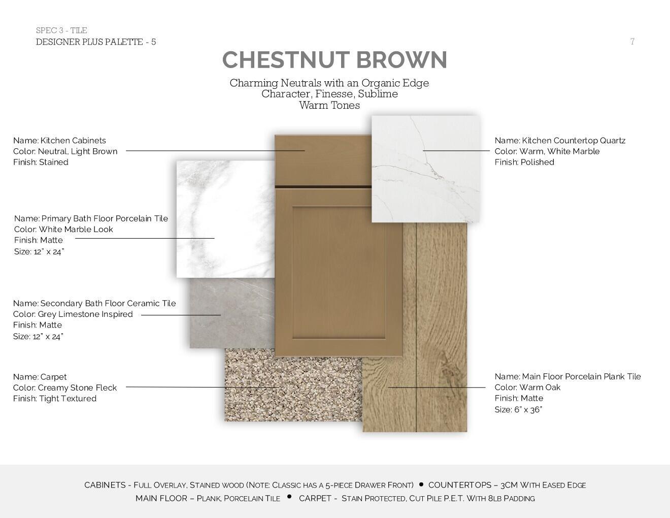 This design palette displays material samples for cabinets, countertops, flooring, and carpet in neutral tones — 113 Parkside Way # 99, Royal Palm Beach FL 33414, ROYAL PALM BEACH, FL