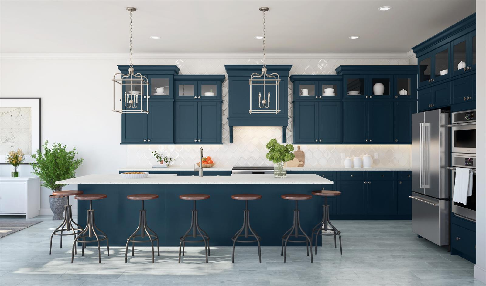 This rendering shows a kitchen with dark blue cabinets, a white island, and bar stools — 113 Parkside Way # 99, Royal Palm Beach FL 33414, ROYAL PALM BEACH, FL