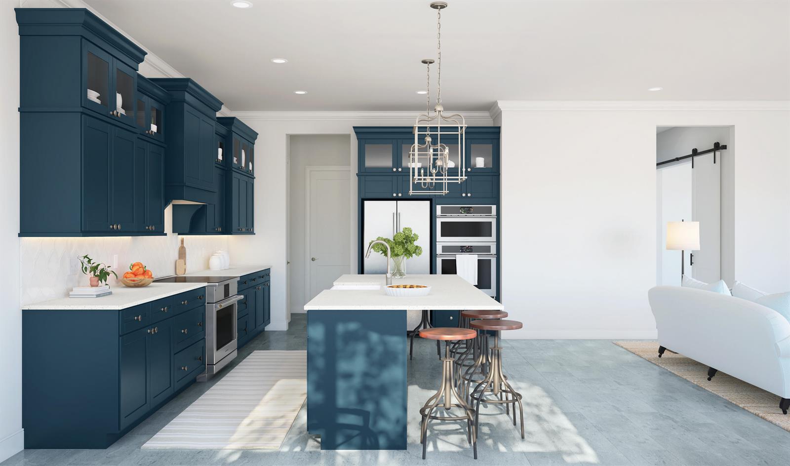 This rendering shows a modern kitchen with navy blue cabinets, white countertops, and a central island — 113 Parkside Way # 99, Royal Palm Beach FL 33414, ROYAL PALM BEACH, FL