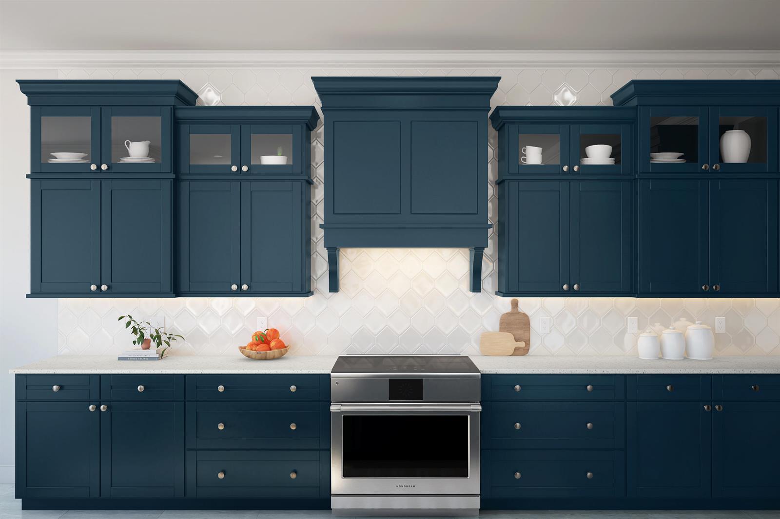 This kitchen rendering features dark blue cabinets, a stainless steel range, and white tile backsplash — 113 Parkside Way # 99, Royal Palm Beach FL 33414, ROYAL PALM BEACH, FL