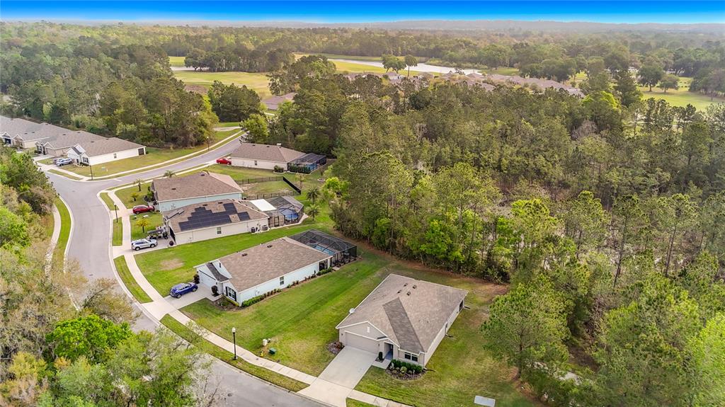 An aerial view shows several suburban houses with pools and solar panels near a forest — 5274 DIANTHA WAY, BROOKSVILLE, FL