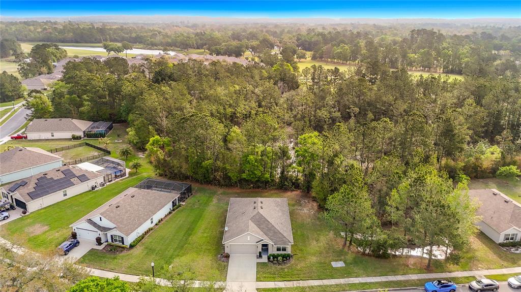 An aerial view shows suburban houses with yards and pools bordering a wooded area — 5274 DIANTHA WAY, BROOKSVILLE, FL