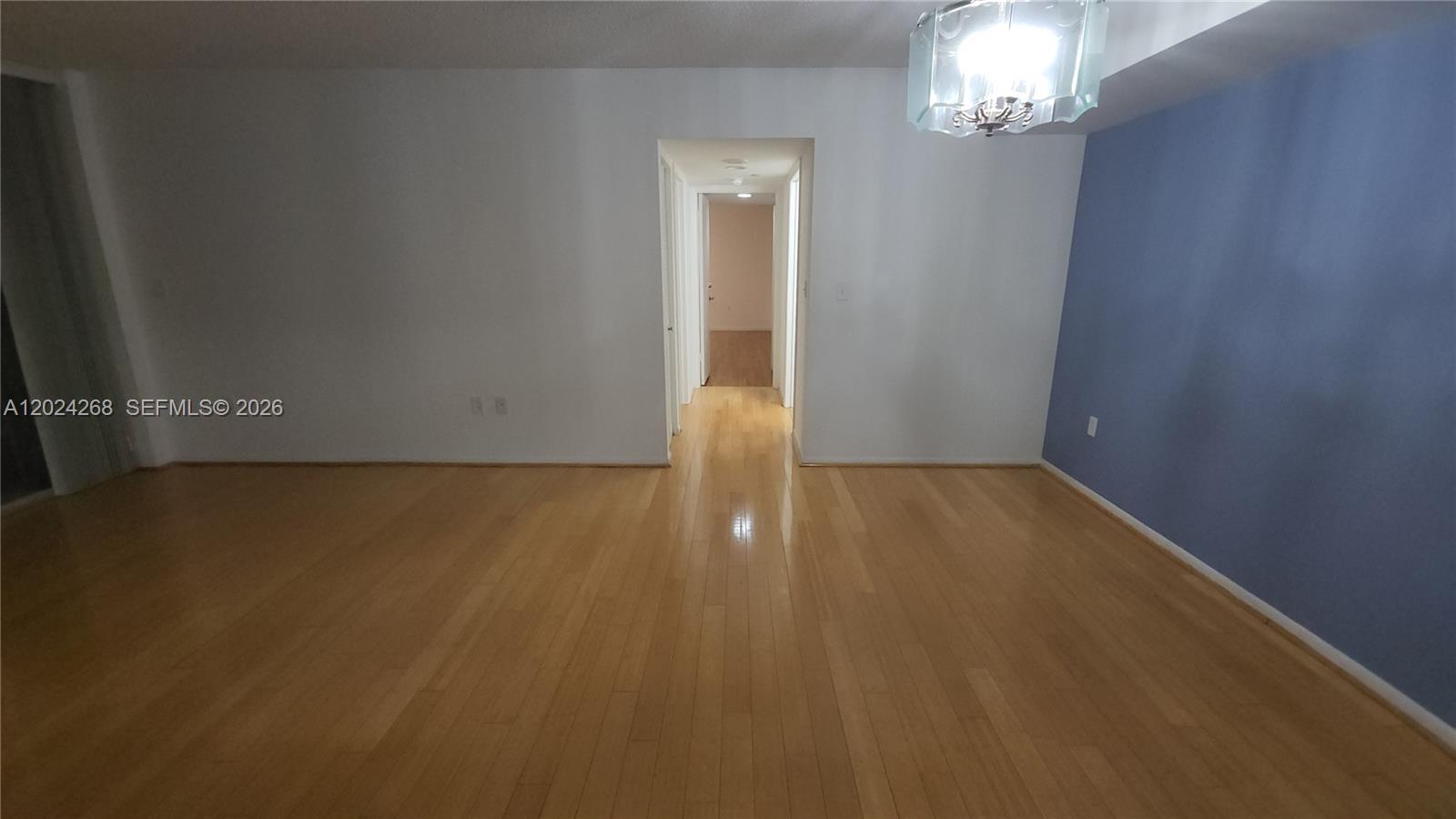 A room with light wood flooring, white walls, a blue accent wall, and a hallway — 5900 Collins Ave # 404, Miami Beach FL 33140, MIAMI BEACH, FL