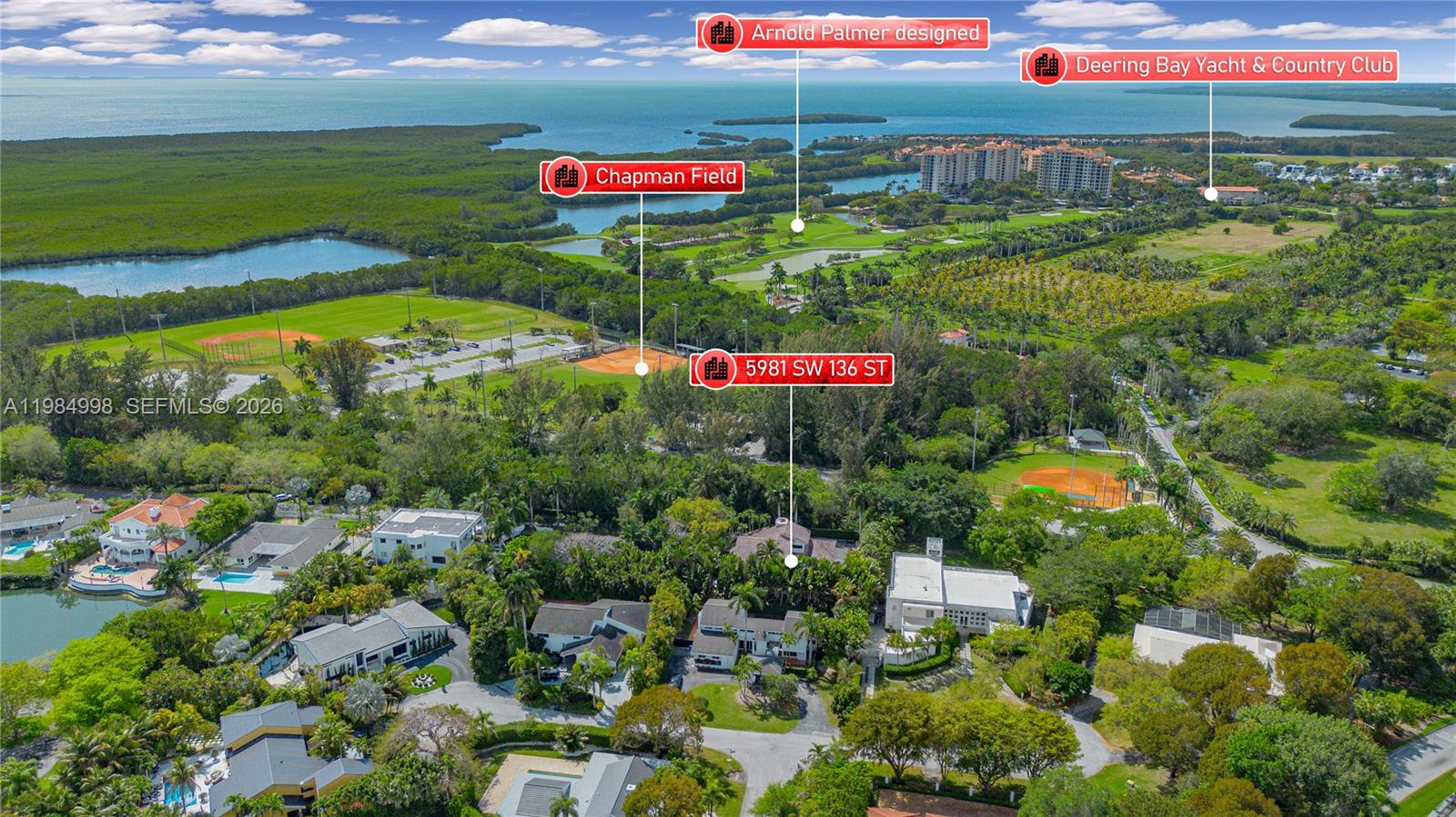 An aerial view shows a residential property surrounded by lush trees near a public park — 5981 SW 136th St, Pinecrest FL 33156, PINECREST, FL
