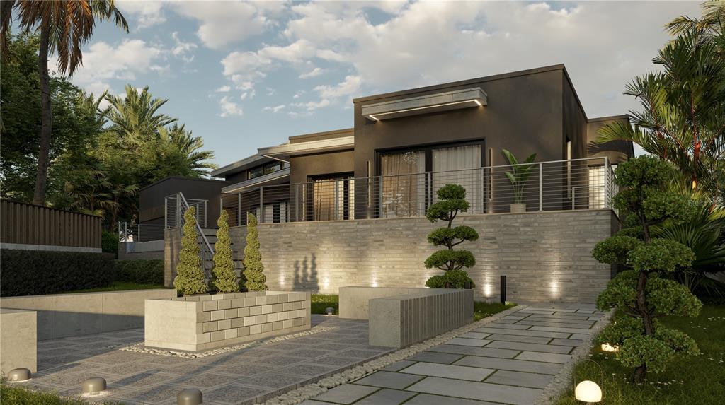 This architectural rendering shows a modern house with a stone retaining wall and landscaped patio — 2523 RYAN BOULEVARD, PUNTA GORDA, FL
