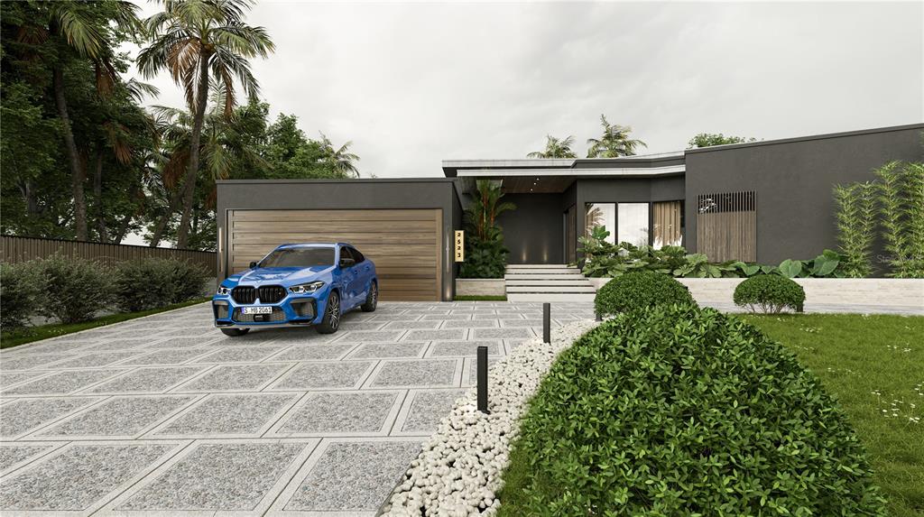 This is a rendering of a modern single-story house with a dark exterior and driveway — 2523 RYAN BOULEVARD, PUNTA GORDA, FL