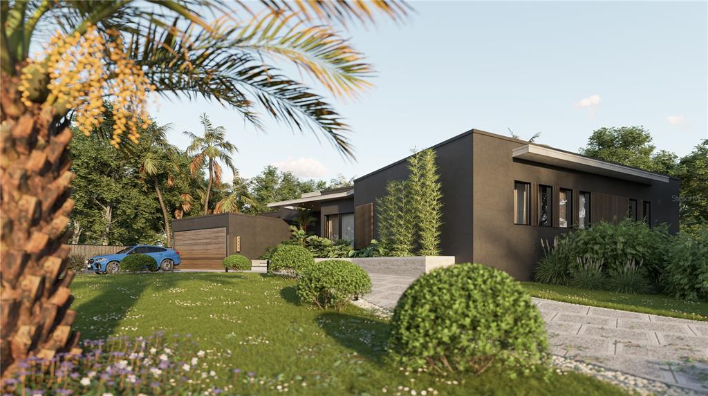 A rendering of a modern, dark-colored single-story house with a garage and landscaped front yard — 2523 RYAN BOULEVARD, PUNTA GORDA, FL