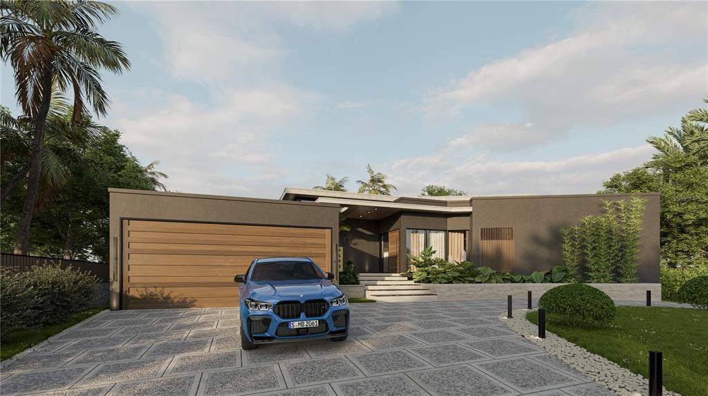 This is a rendering of a modern single-story house with a garage and a blue car — 2523 RYAN BOULEVARD, PUNTA GORDA, FL