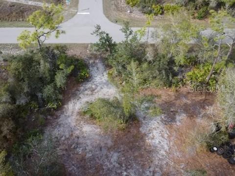 An aerial view of a vacant, wooded residential lot adjacent to a paved road — 29181 DEFIANCE AVENUE, PUNTA GORDA, FL
