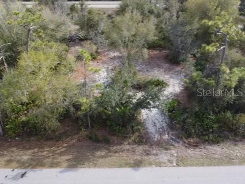 An aerial view shows a vacant, wooded lot with sandy ground and a paved road — 29181 DEFIANCE AVENUE, PUNTA GORDA, FL