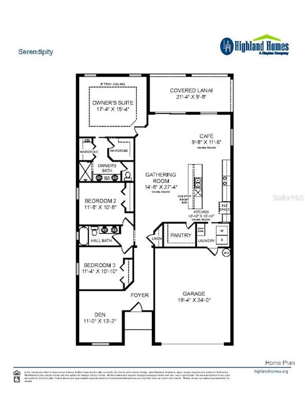 This is a floor plan for a single-story home featuring three bedrooms, a den, and garage — 131 DANCING DAHLIA STREET, RUSKIN, FL