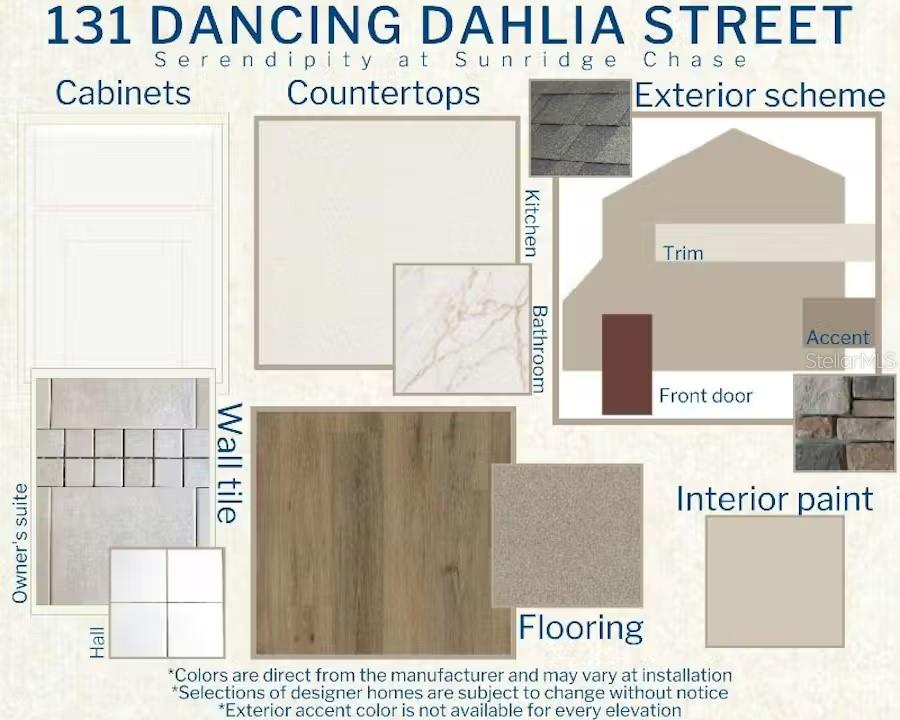 This design board displays interior and exterior finish selections including cabinetry, countertops, flooring, and paint — 131 DANCING DAHLIA STREET, RUSKIN, FL