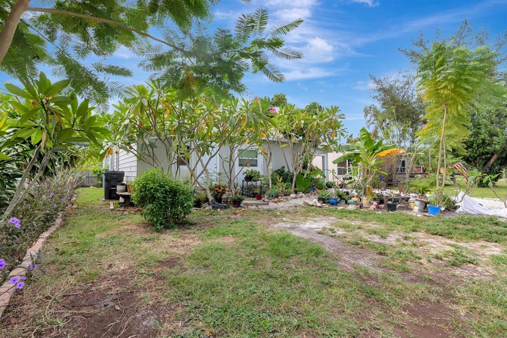 A backyard view of a single-story house with numerous potted plants and trees — 3278 56TH AVENUE N, ST PETERSBURG, FL