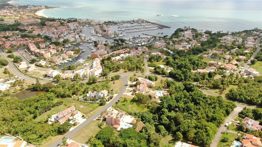 Aerial view of a coastal residential area featuring a marina, houses, and surrounding greenery — PORT ROAD ROAD UNIT 17, HUMACAO, PR